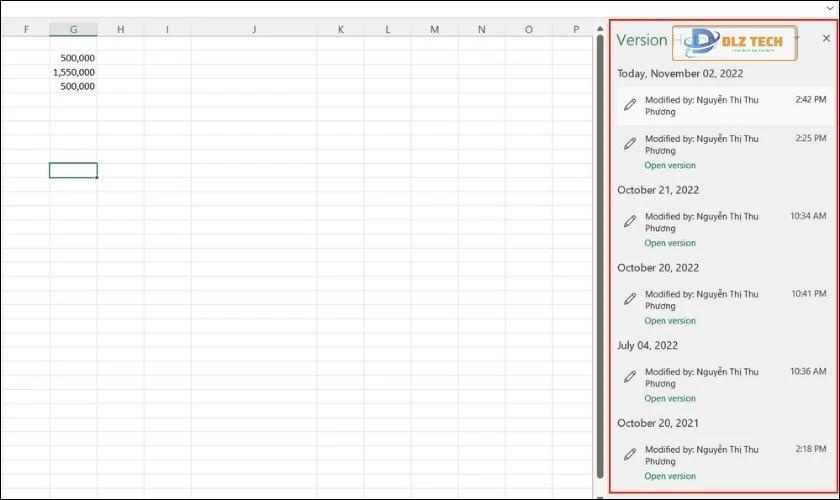 chọn lịch sử file excel chưa lưu muốn lấy lại