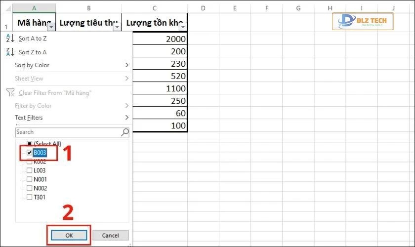 Kết quả lọc dữ liệu cho mã hàng