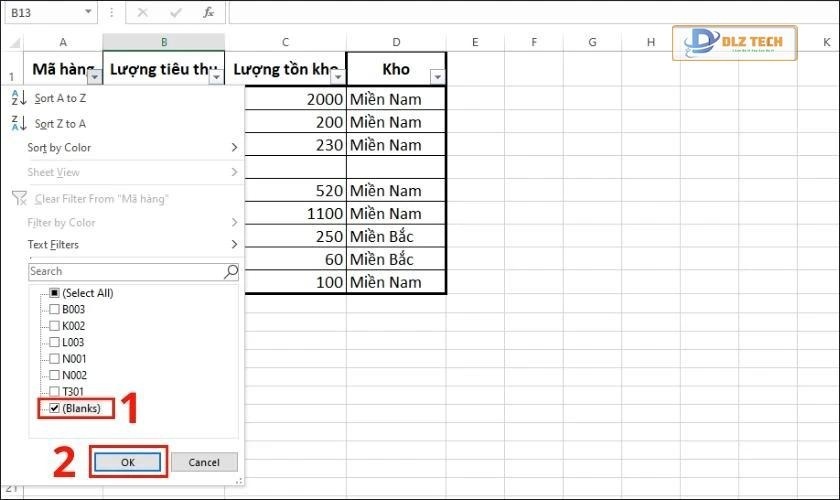cách lọc dữ liệu trống trong excel