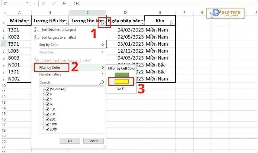 lọc theo màu trong excel