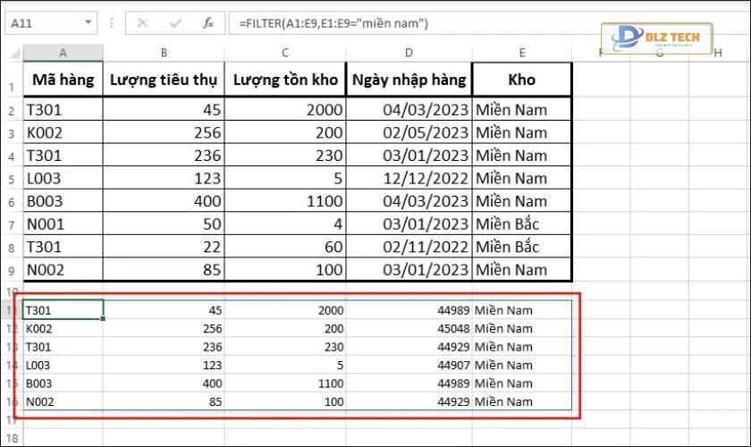 kết quả lọc dữ liệu bằng hàm trong Excel