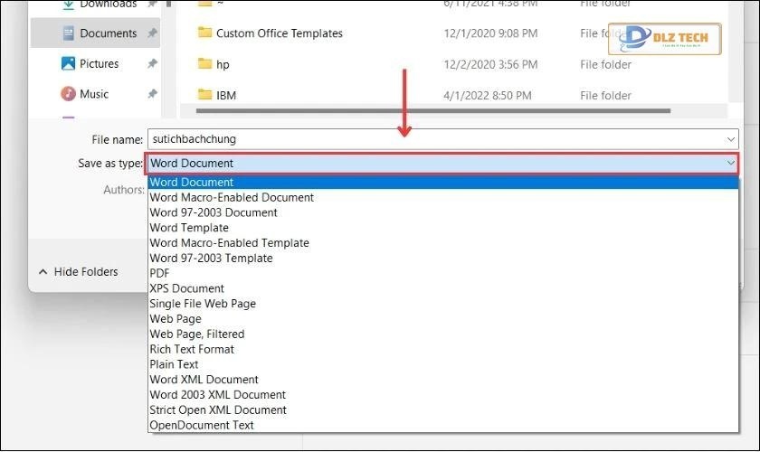 Chọn định dạng để lưu file Word trên máy