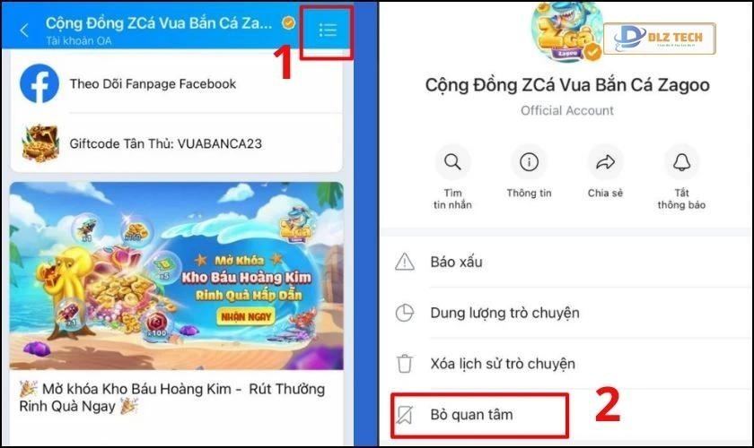 Chọn vào biểu tượng ba gạch và chọn mục Bỏ quan tâm