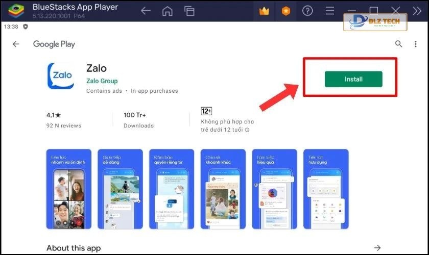 Chọn Install để tải xuống và cài đặt ứng dụng Zalo