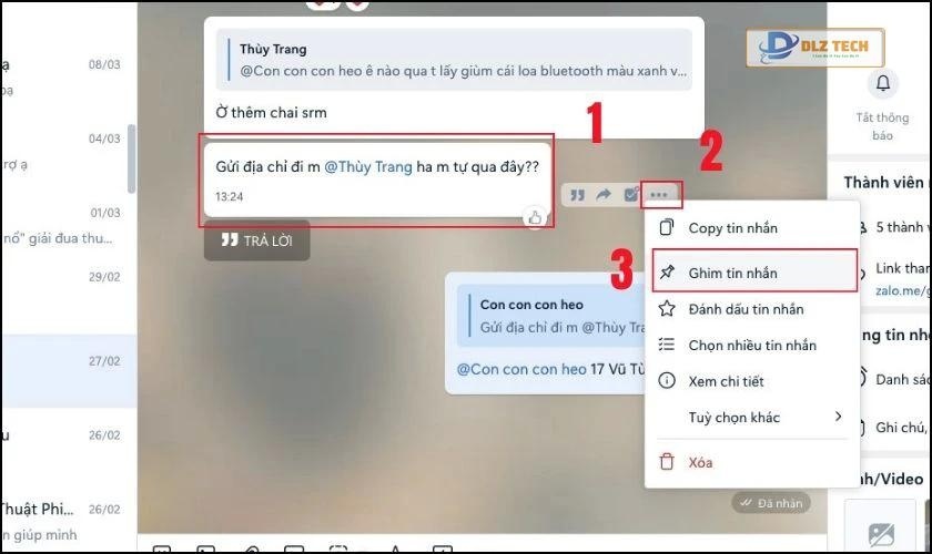 Nhấp vào 3 chấm ngang, chọn Ghim tin nhắn