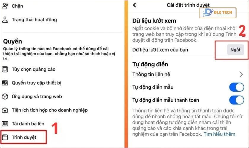Chọn vào Trình duyệt tại mục Quyền và nhấn vào nút Ngắt tại Dữ liệu lướt xem