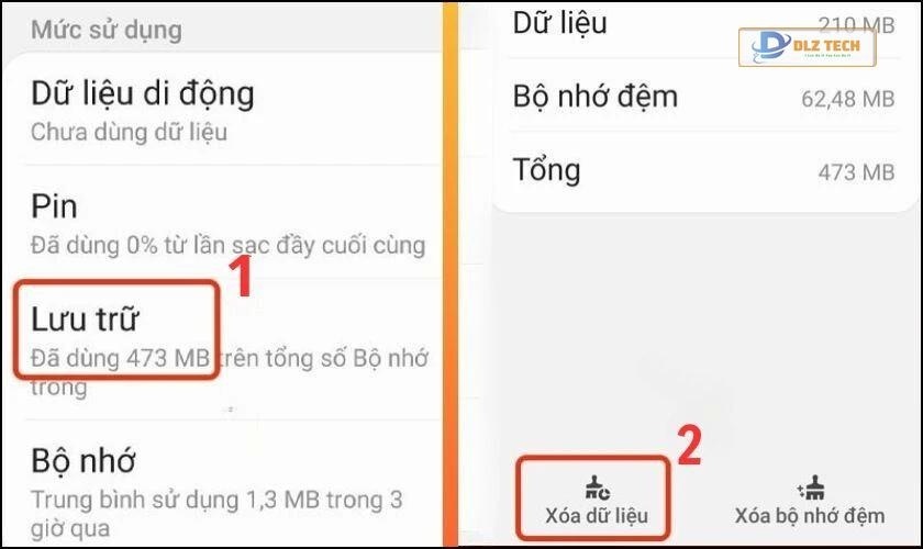 Chọn vào mục Lưu trữ và cuối cùng bấm chọn Xóa dữ liệu