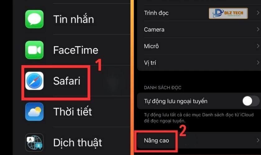 Chọn mục Safari và nhấn vào Nâng sao