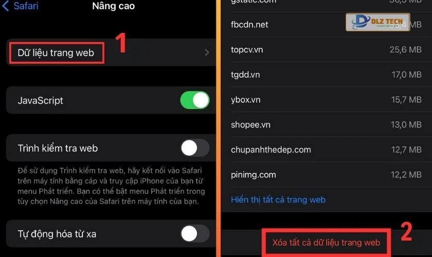 Chọn Dữ liệu trang web và chọn Xóa tất cả dữ liệu trang web