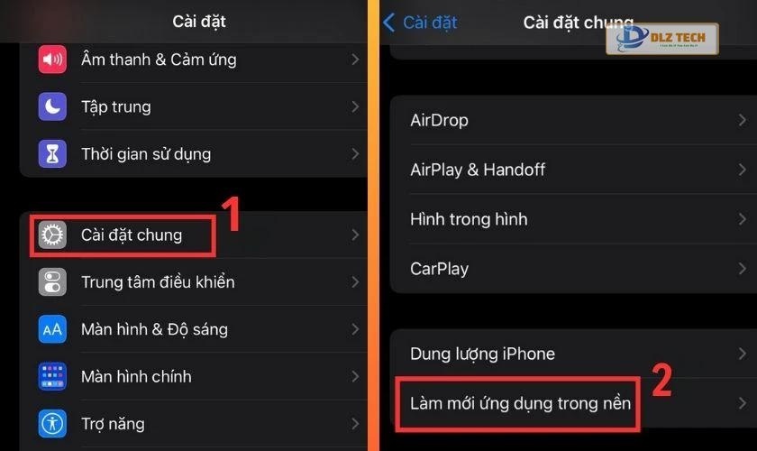 Chọn vào Cài đặt chung và chọn vào Làm mới ứng dụng trong nền