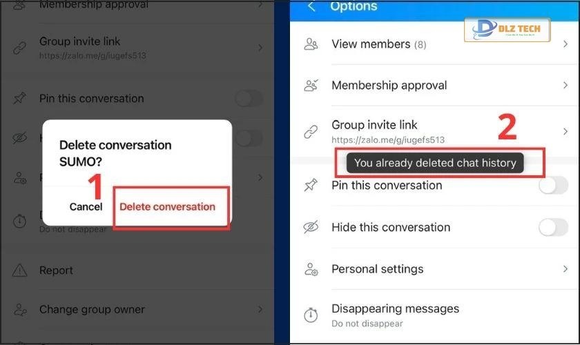Chọn Delete conversation/Xóa dữ liệu trò chuyện