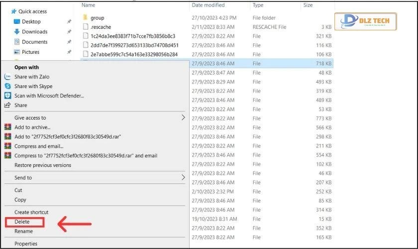 Click chọn và nhấn chuột phải cho tệp và nhấn Delete để xóa