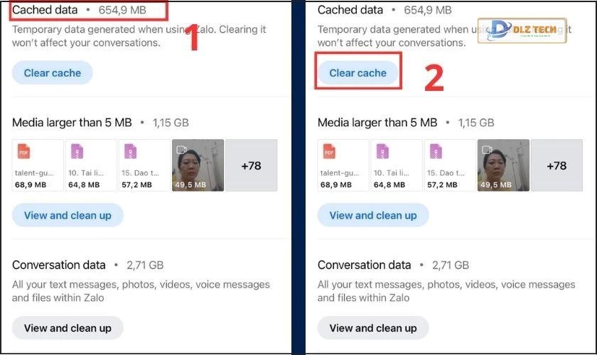 Chọn Clear cache để xử lý giải phóng bộ nhớ trên Zalo