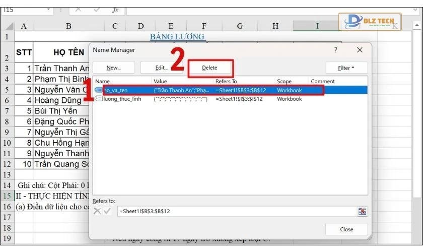 Xóa vùng tên không cần thiết