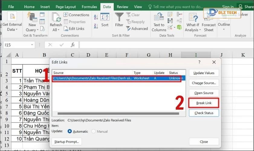 Chọn Break Link để xóa