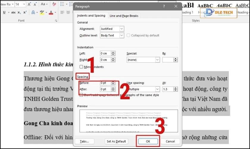 các thiết lập thông số giãn dòng trong word