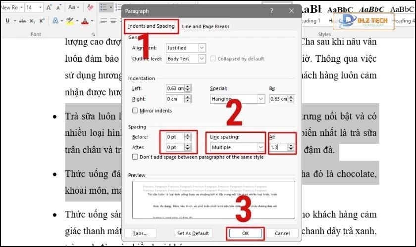 cách chỉnh thông số khoảng cách giữa các dòng trong word
