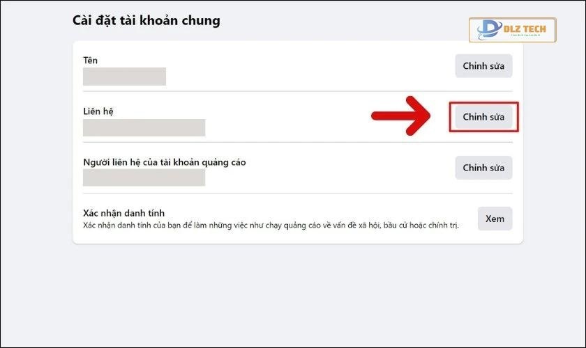 Tìm mục Liên hệ và nhấn nút Chỉnh sửa