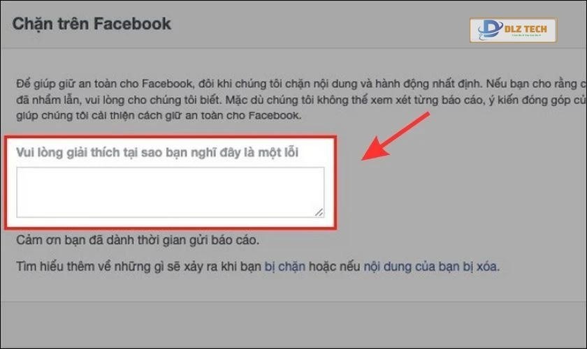 Nhập lý do kháng cáo tới Facebook