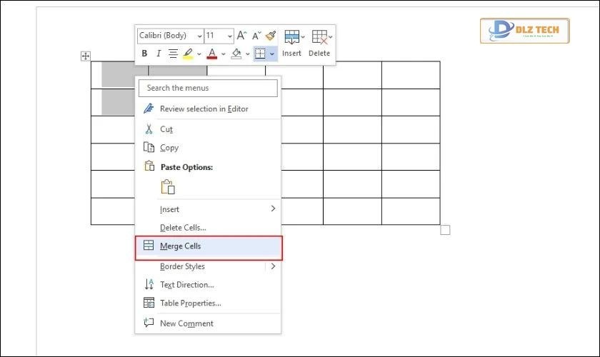 gộp ô trong word bằng chuột phải