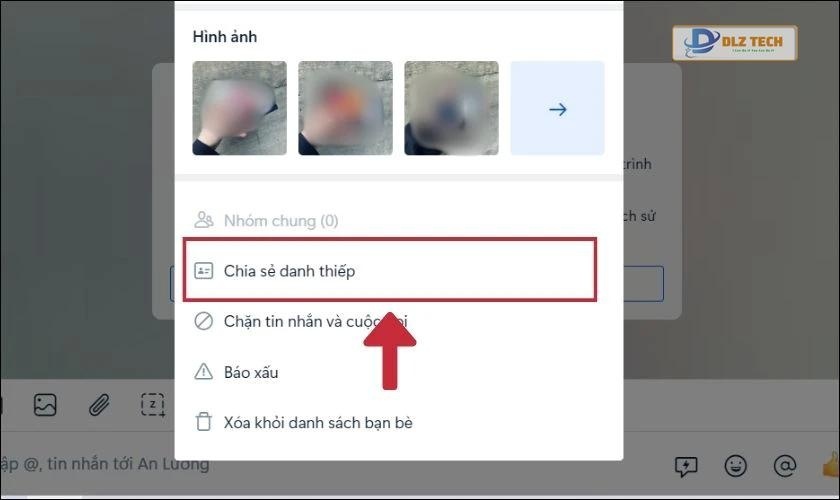 Tiếp theo bạn chọn vào mục Chia sẻ danh thiếp