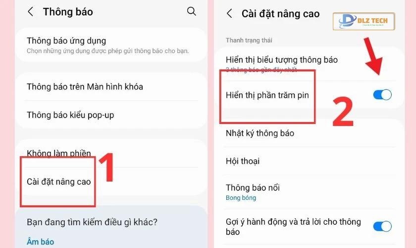 Chọn mục Cài đặt nâng cao, sau đó bật hiển thị phần trăm pin