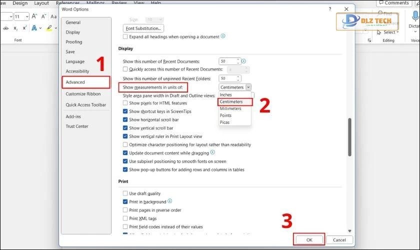 Điều chỉnh đơn vị đo tại Show measurements in units of