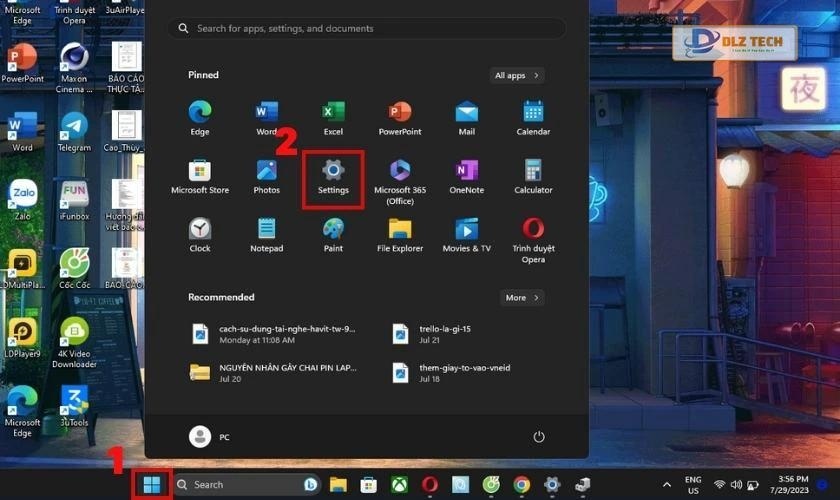 Nhấn vào mục Settings trong Windows