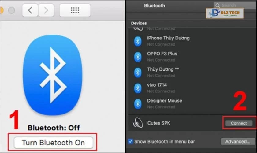 Nhấn vào nút Turn Bluetooth on để bật Bluetooth