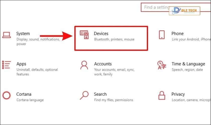 Tìm và nhấp chọn vào mục Devices