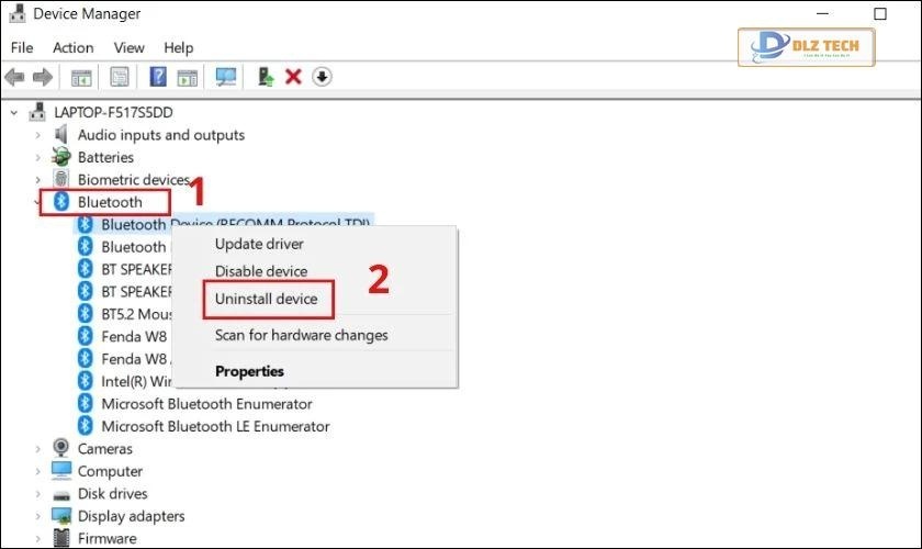 Chọn thiết bị Bluetooth để gỡ cài đặt