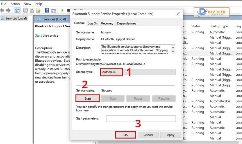 Khởi động dịch vụ Bluetooth Support
