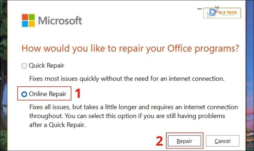 nhấn repair, khắc phục lỗi không mở được file excel