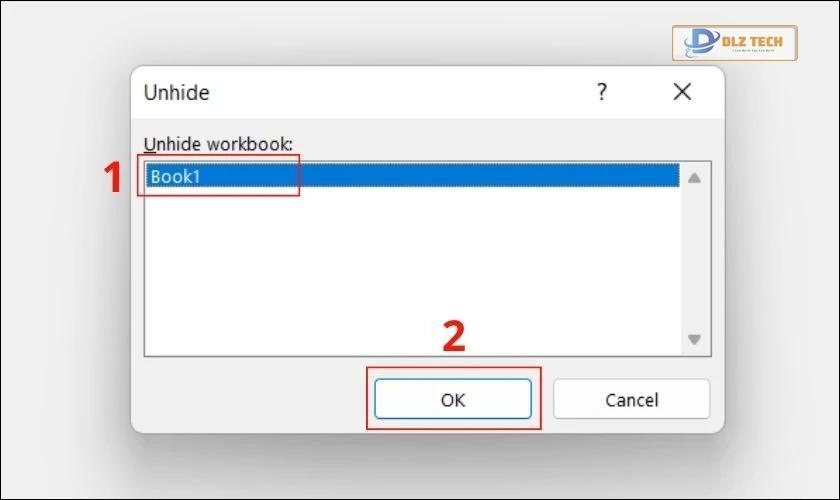 chọn trang tính cần bỏ ẩn rồi nhấn ok là xong