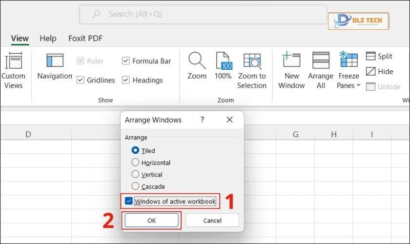 chọn vào windows of active workbook, sửa lỗi mở file excel bị trắng