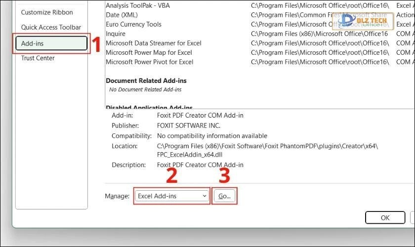 chọn excel add-ins khắc phục lỗi không mở được file excel