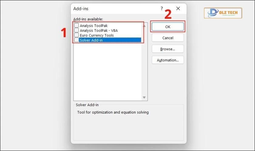 bỏ chọn hết các mục trong add-ins available