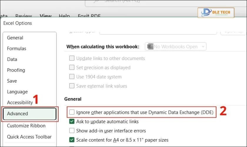 vô hiệu hóa dynamic data exchange, sửa lỗi không mở được file excel