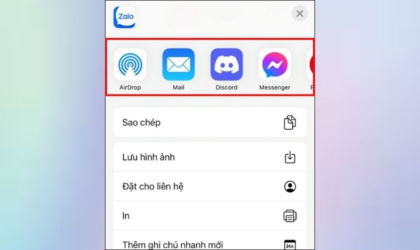 Chọn ứng dụng để chia sẻ nội dung