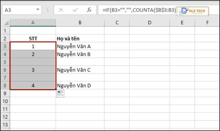 nhấn enter và kéo công thức tới các hàng cần đánh số