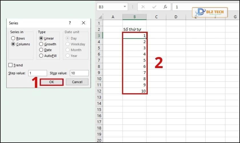 lựa chọn kiểu đánh số theo hàng dọc hoặc ngang
