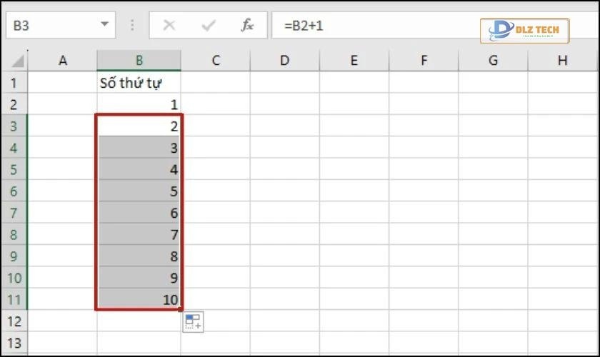 kéo chuột đến ô cuối cùng cần đánh số