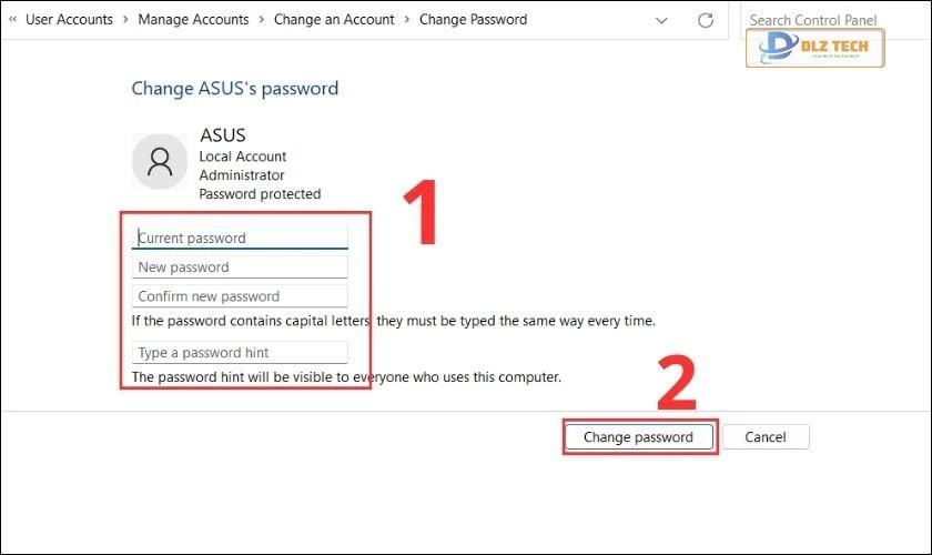 Nhập mật khẩu mới để thay đổi mật khẩu máy tính