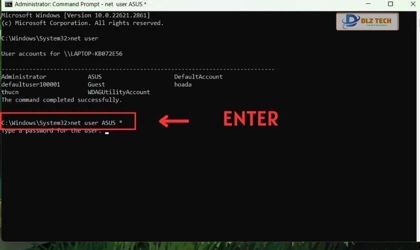 Nhập lệnh để cài mật khẩu mới