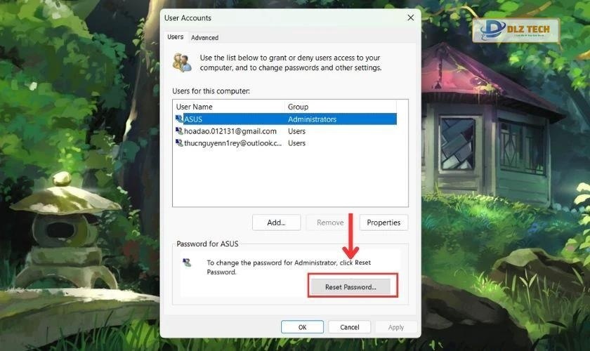 Mở hộp thoại User Account để thay đổi password cho máy tính