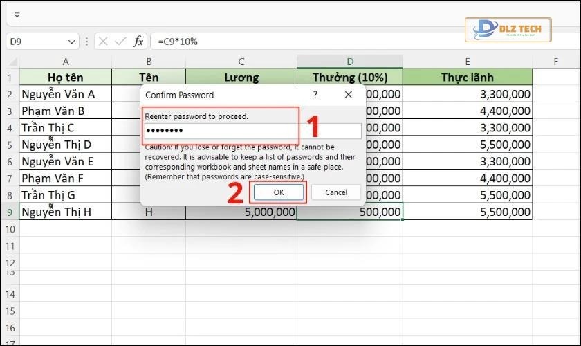 lưu mật khẩu để dấu công thức