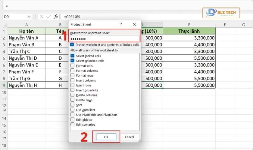 nhập mật khẩu để dấu công thức