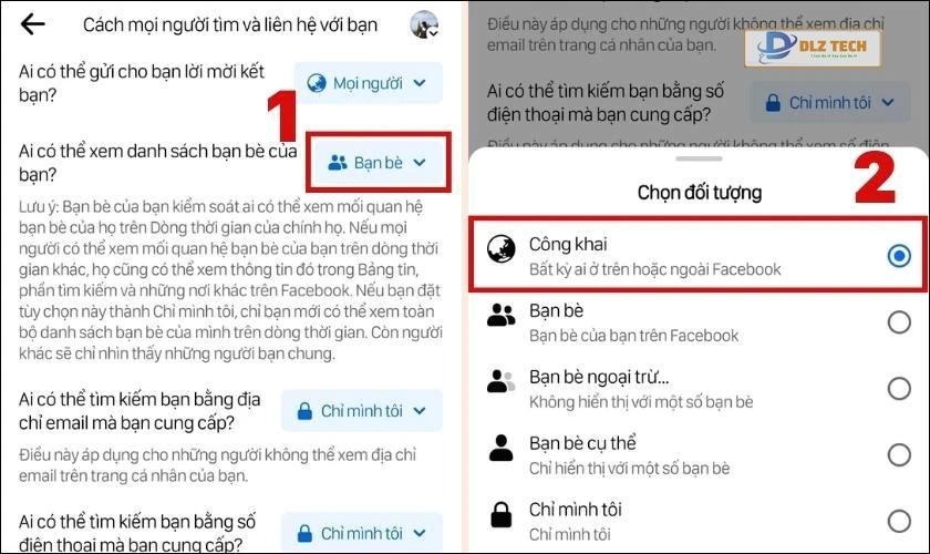 Nhấn vào ô Bạn bè, chọn công khai