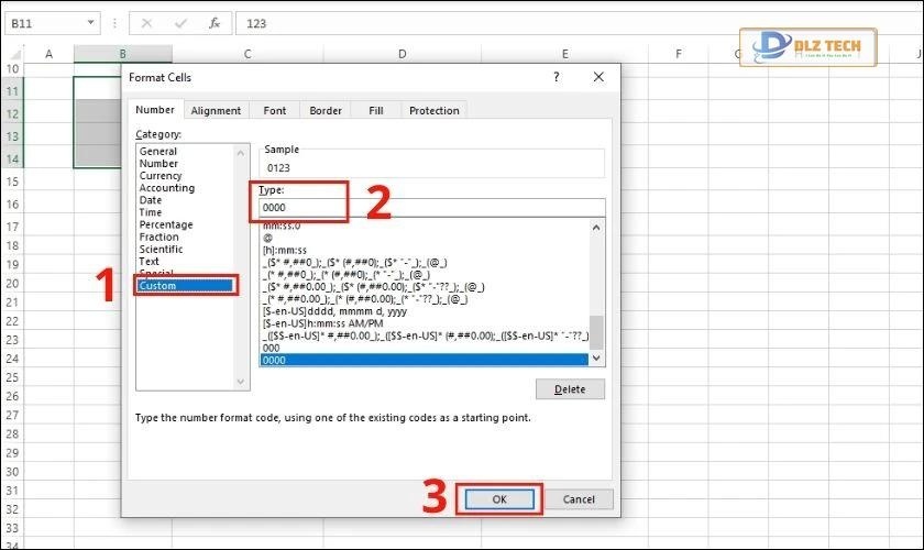 cài dáng định dạng số 0 trong Excel