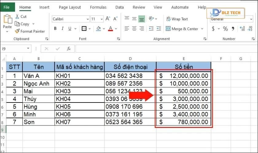 định dạng dữ liệu theo đơn vị tiền tệ